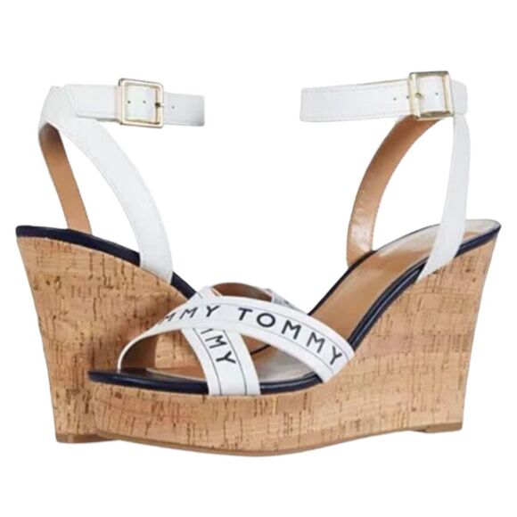 Tommy Hilfiger Sandals Womens 9.5 White Wedge Ankle Strap Buckle Logo Open Toe - Picture 1 of 7